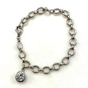 Vintage Fossil Sterling Silver Open Link Bracelet with Round Crystal Drop